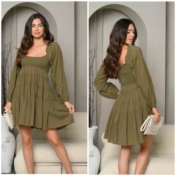 LONG SLEEVE SMOCK TIERED MINI DRESS - Picture 1 of 5